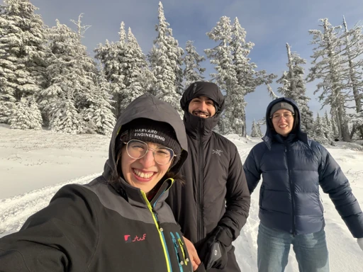 Friends exploring a snowy forest