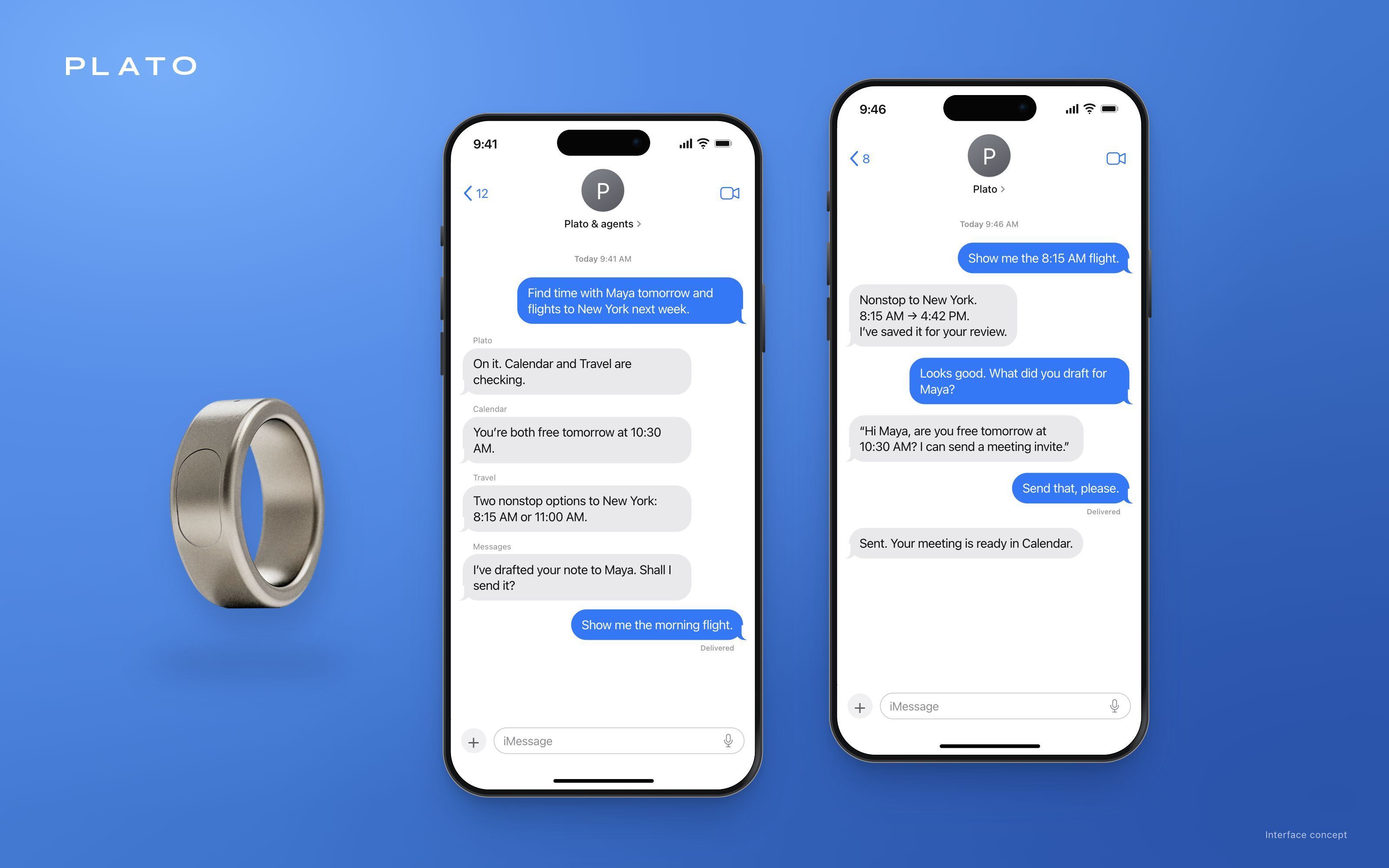 Plato ring beside two iPhone Messages screens with personal and group agents