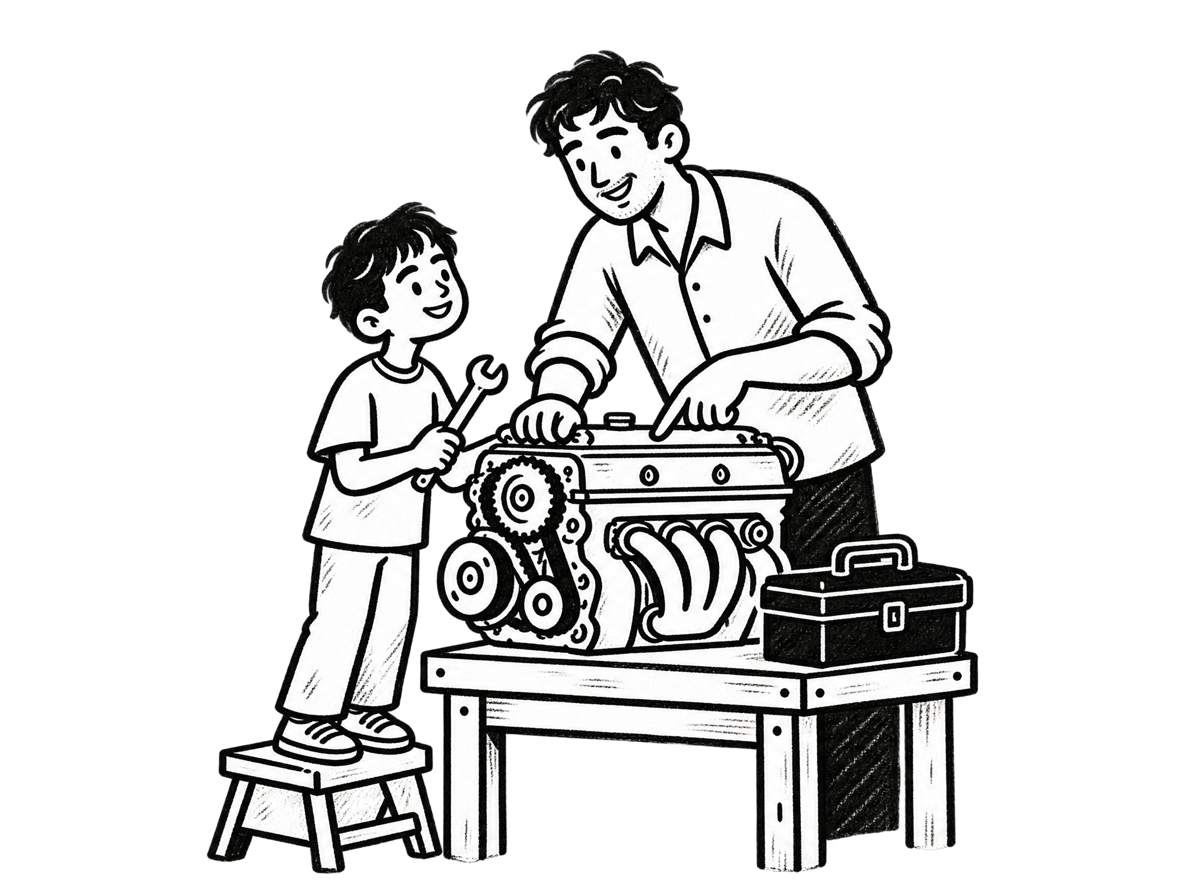 Irtiza and his dad fixing an engine in their garage at home