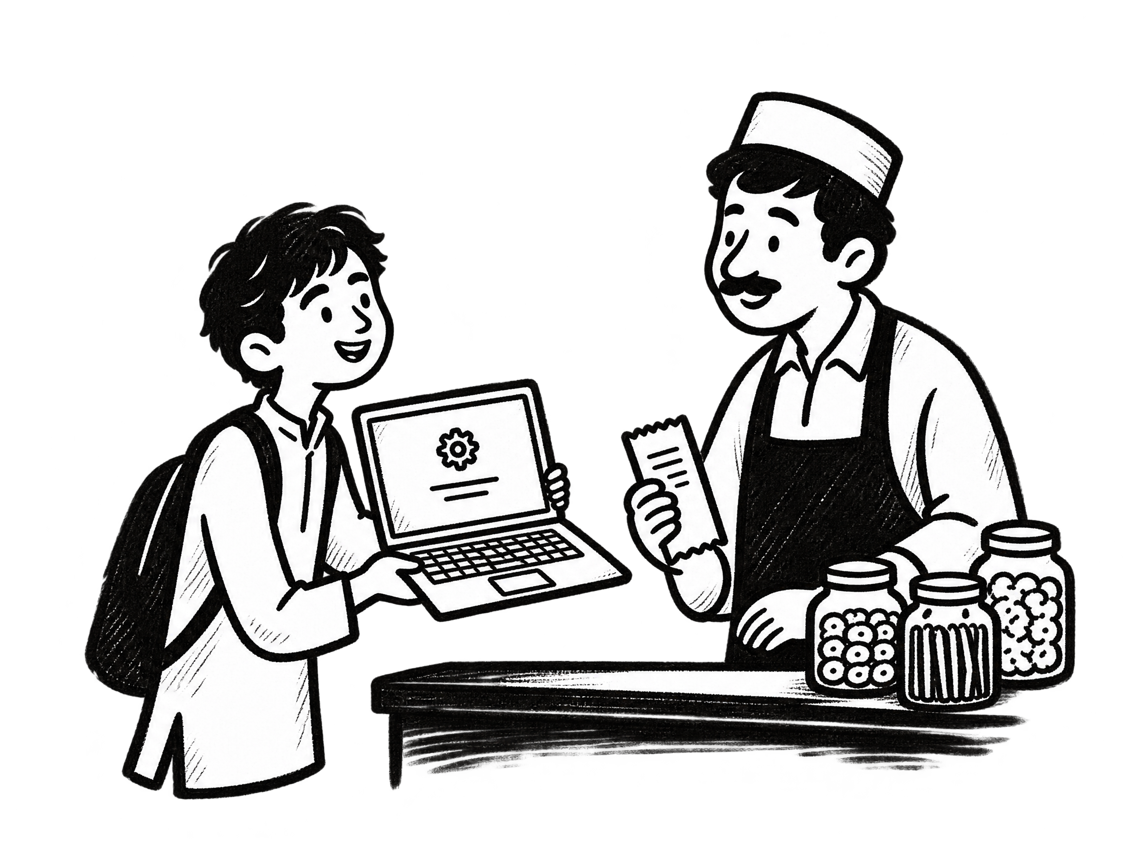 Young Irtiza showing software to a local shopkeeper